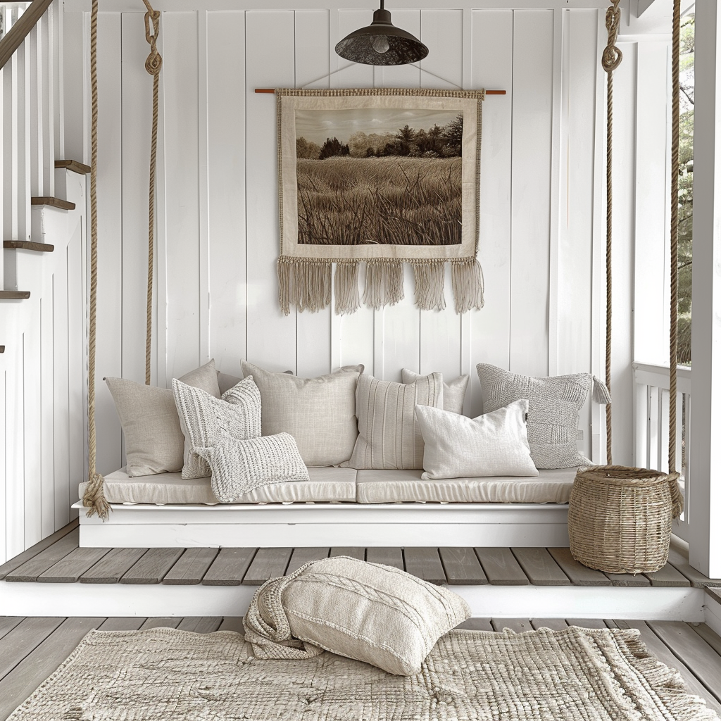 AI Generated Transitional House Neutral Front Porch Swinging Bench