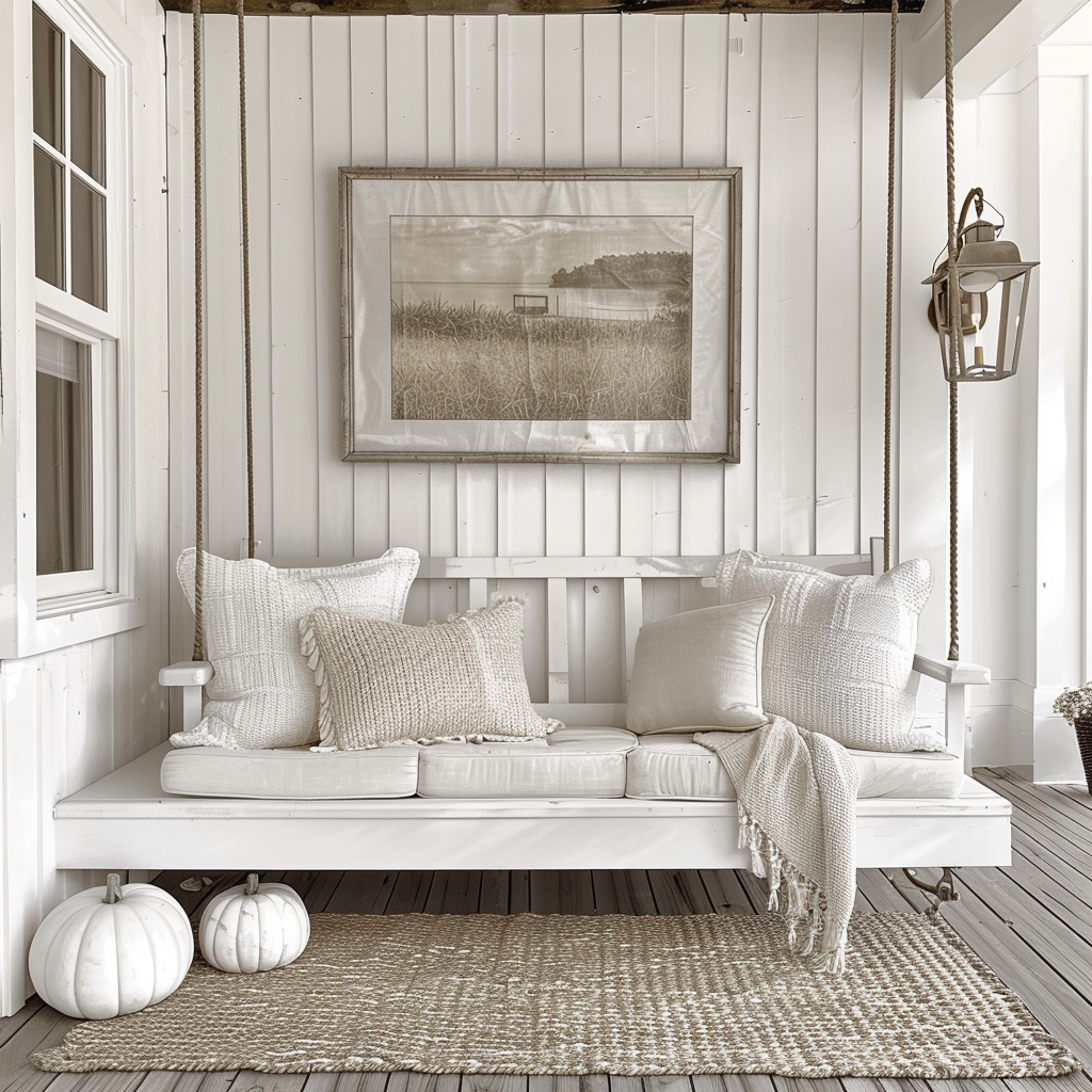 AI Generated Transitional House Neutral Front Porch Swinging Bench