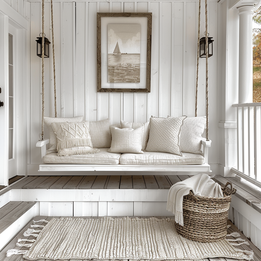 AI Generated Transitional House Neutral Front Porch Swinging Bench