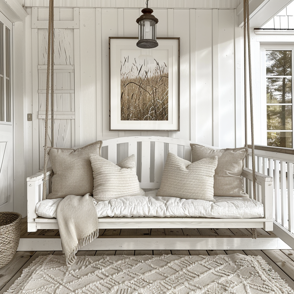 AI Generated Transitional House Neutral Front Porch Swinging Bench