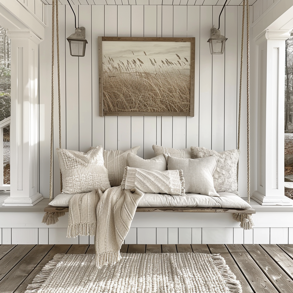 AI Generated Transitional House Neutral Front Porch Swinging Bench