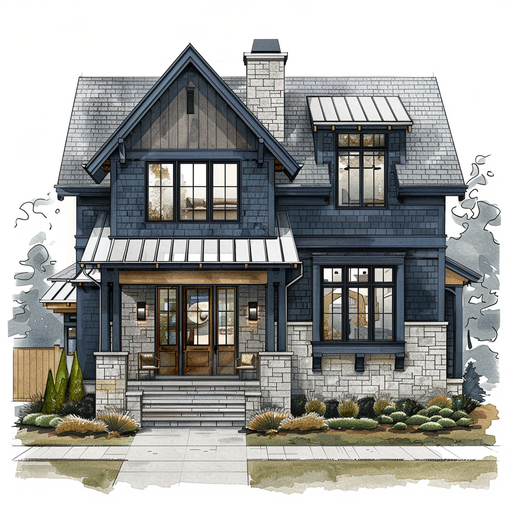 AI Generated Transitional Exterior Blue House Illustration, Steep Roof House