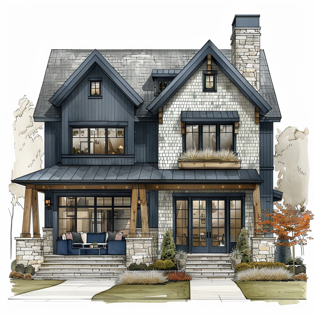 AI Generated Transitional Exterior Blue House Illustration, Steep Roof House