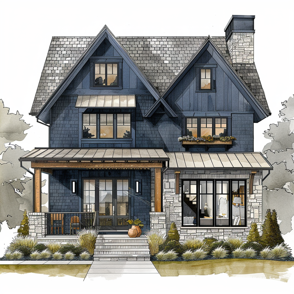 AI Generated Transitional Exterior Blue House Illustration, Steep Roof House