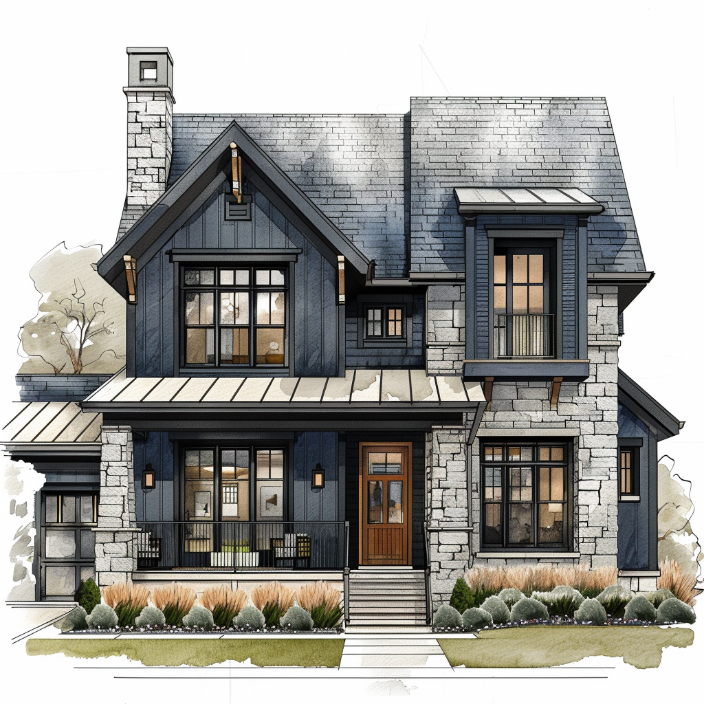 AI Generated Transitional Exterior Blue House Illustration, Steep Roof House