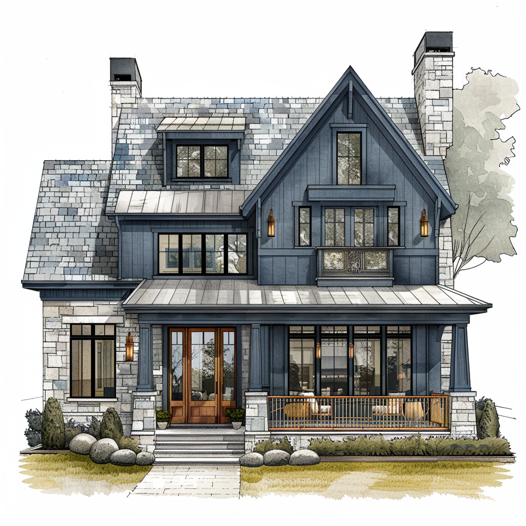 AI Generated Transitional Exterior Blue House Illustration, Steep Roof House