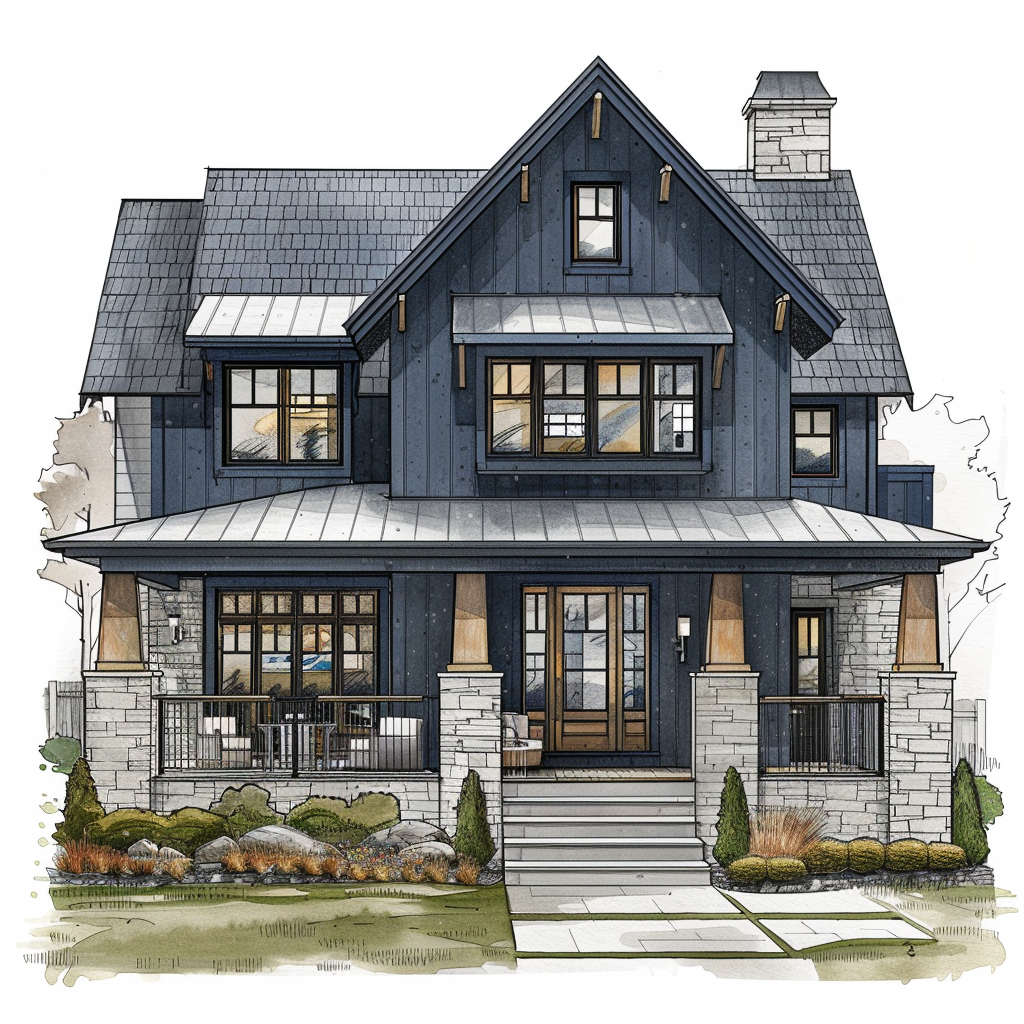 AI Generated Transitional Exterior Blue House Illustration, Steep Roof House