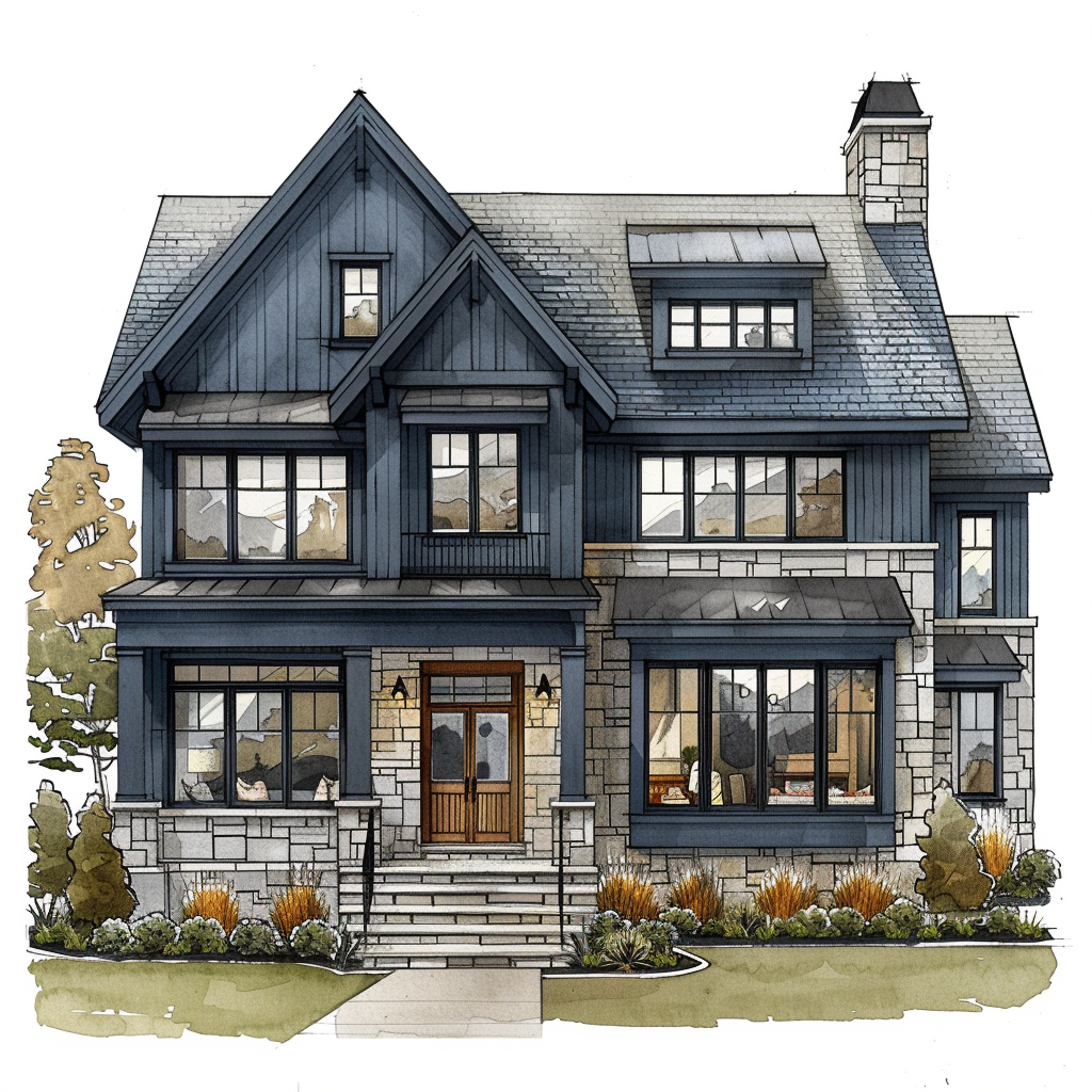 AI Generated Transitional Exterior Blue House Illustration, Steep Roof House