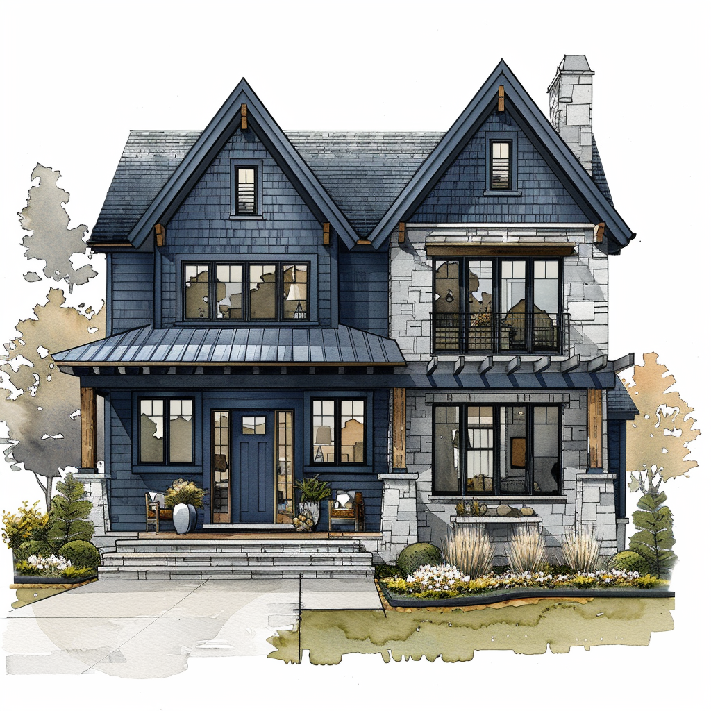 AI Generated Transitional Exterior Blue House Illustration, Steep Roof House