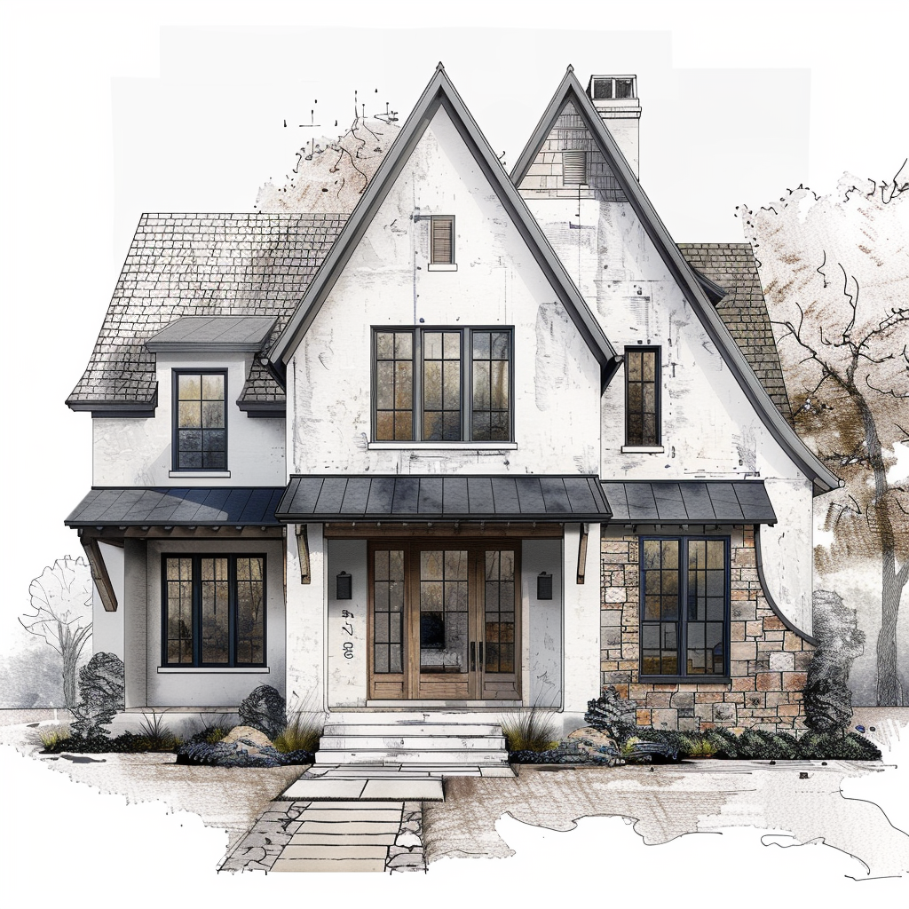 AI Generated Transitional Exterior House Illustration, Steep Roof House