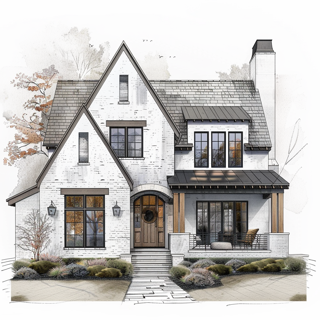 AI Generated Transitional Exterior House Illustration, Steep Roof House