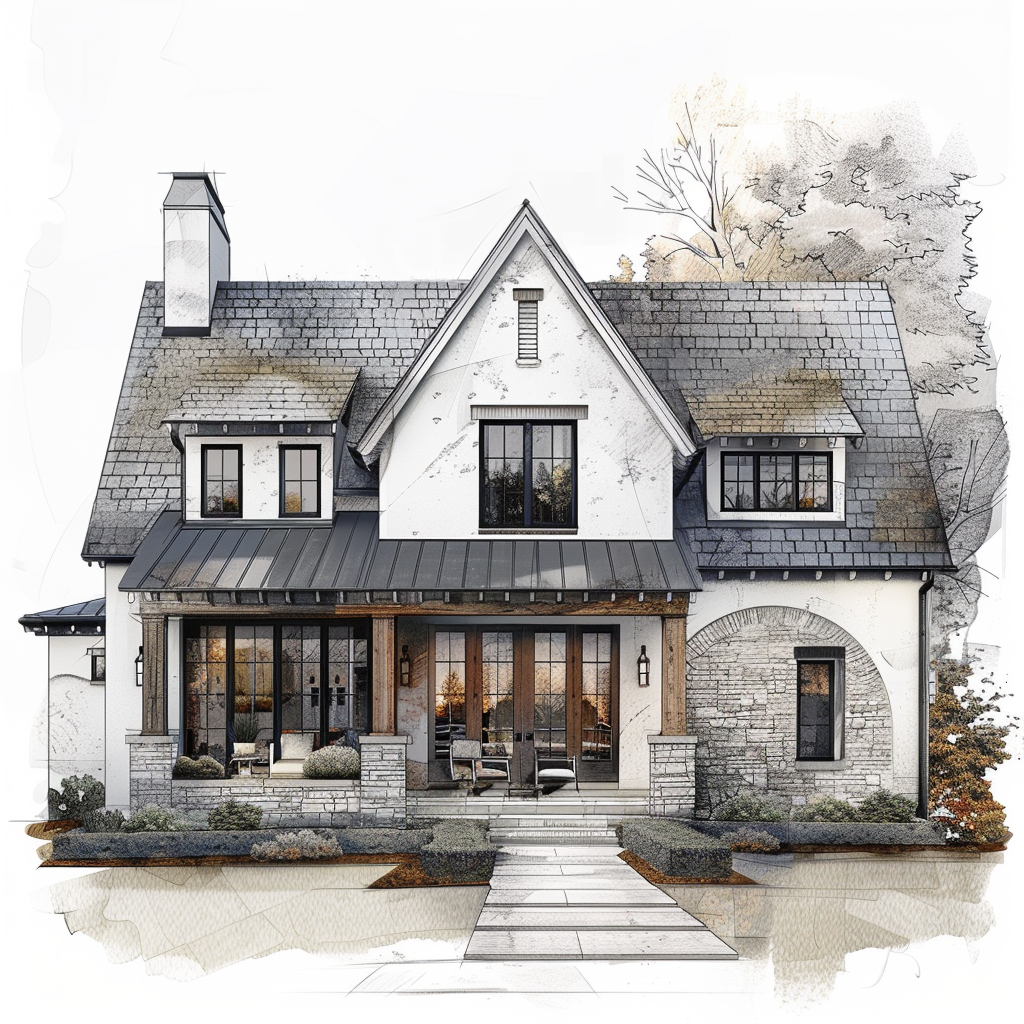 AI Generated Transitional Exterior House Illustration, Steep Roof House