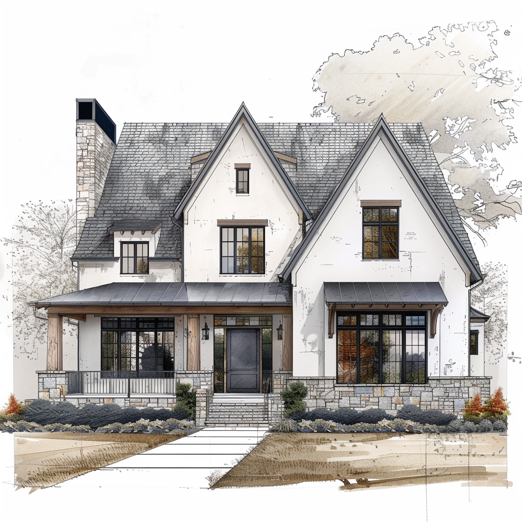 AI Generated Transitional Exterior House Illustration, Steep Roof House