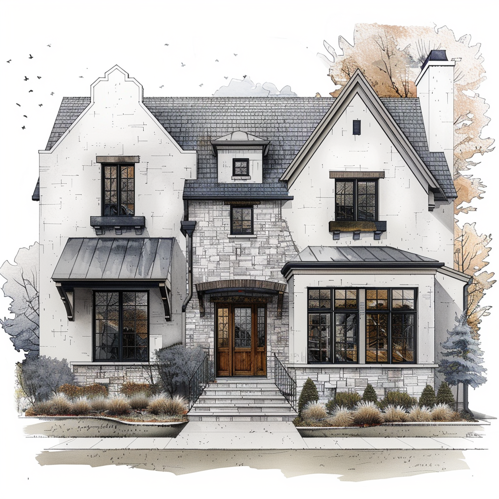 AI Generated Transitional Exterior House Illustration, Steep Roof House