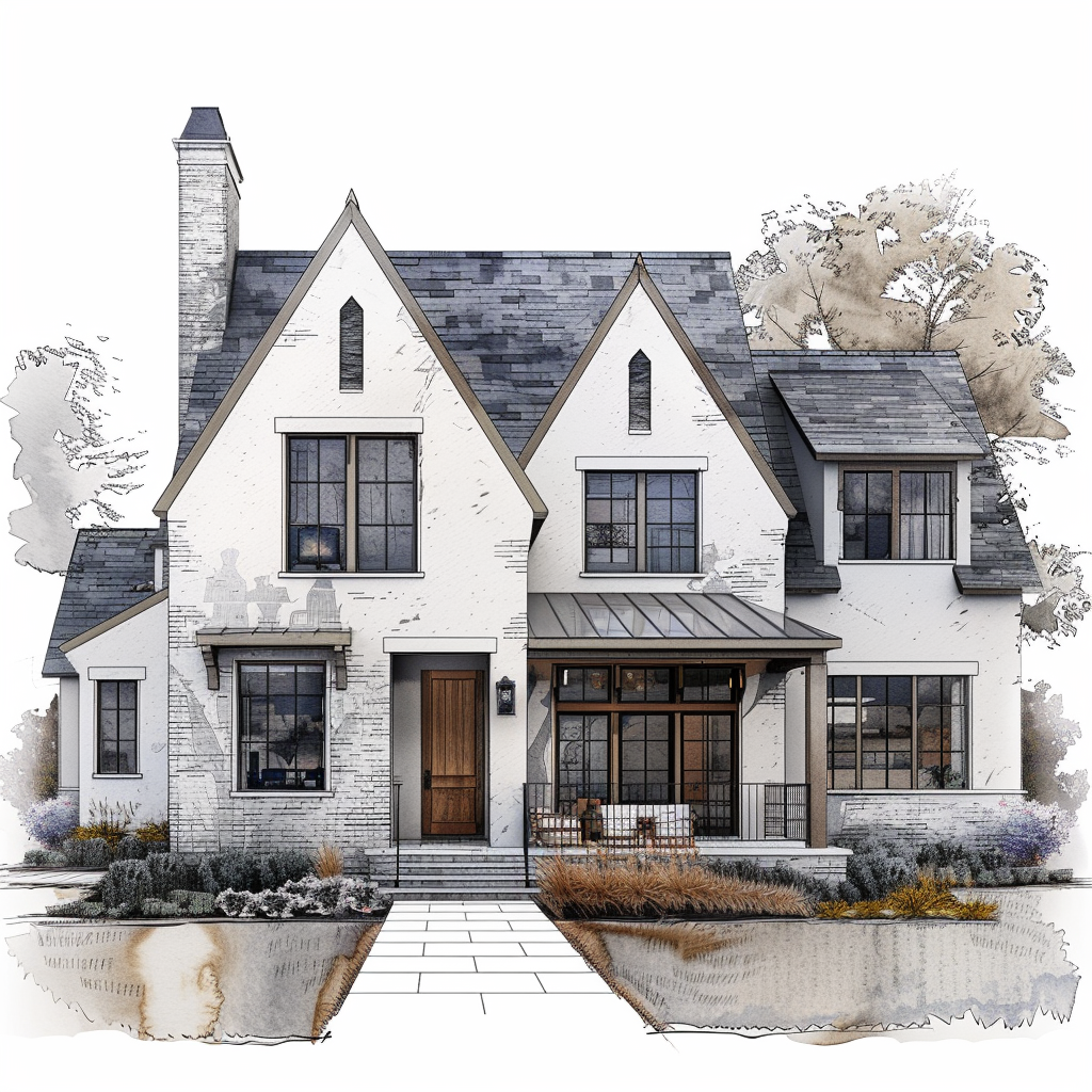 AI Generated Transitional Exterior House Illustration, Steep Roof House