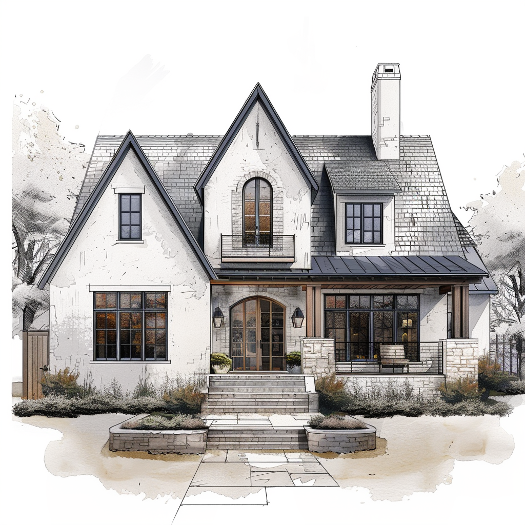 AI Generated Transitional Exterior House Illustration, Steep Roof House