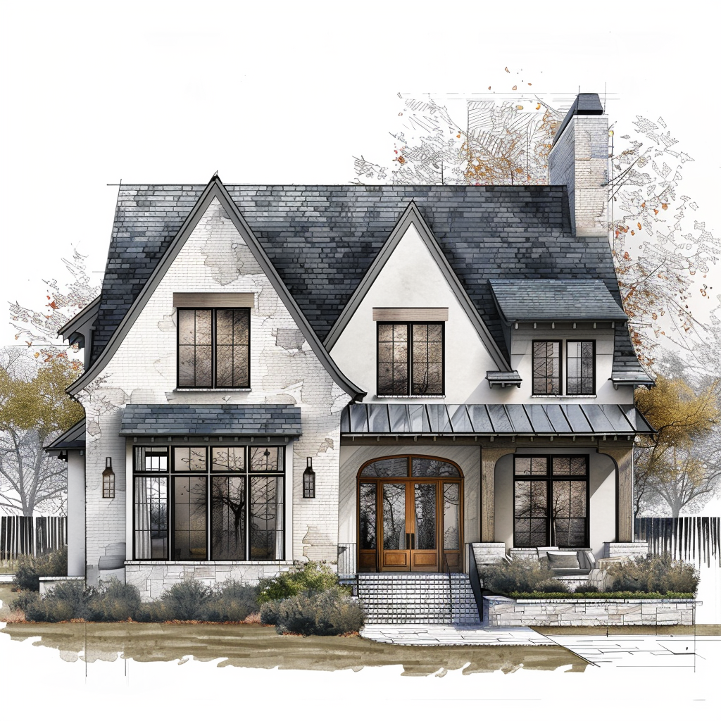 AI Generated Transitional Exterior House Illustration, Steep Roof House