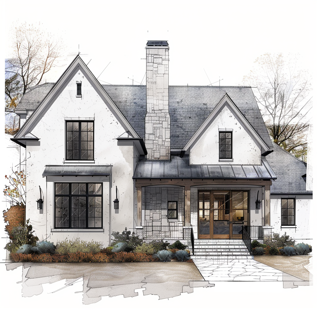 AI Generated Transitional Exterior House Illustration, Steep Roof House