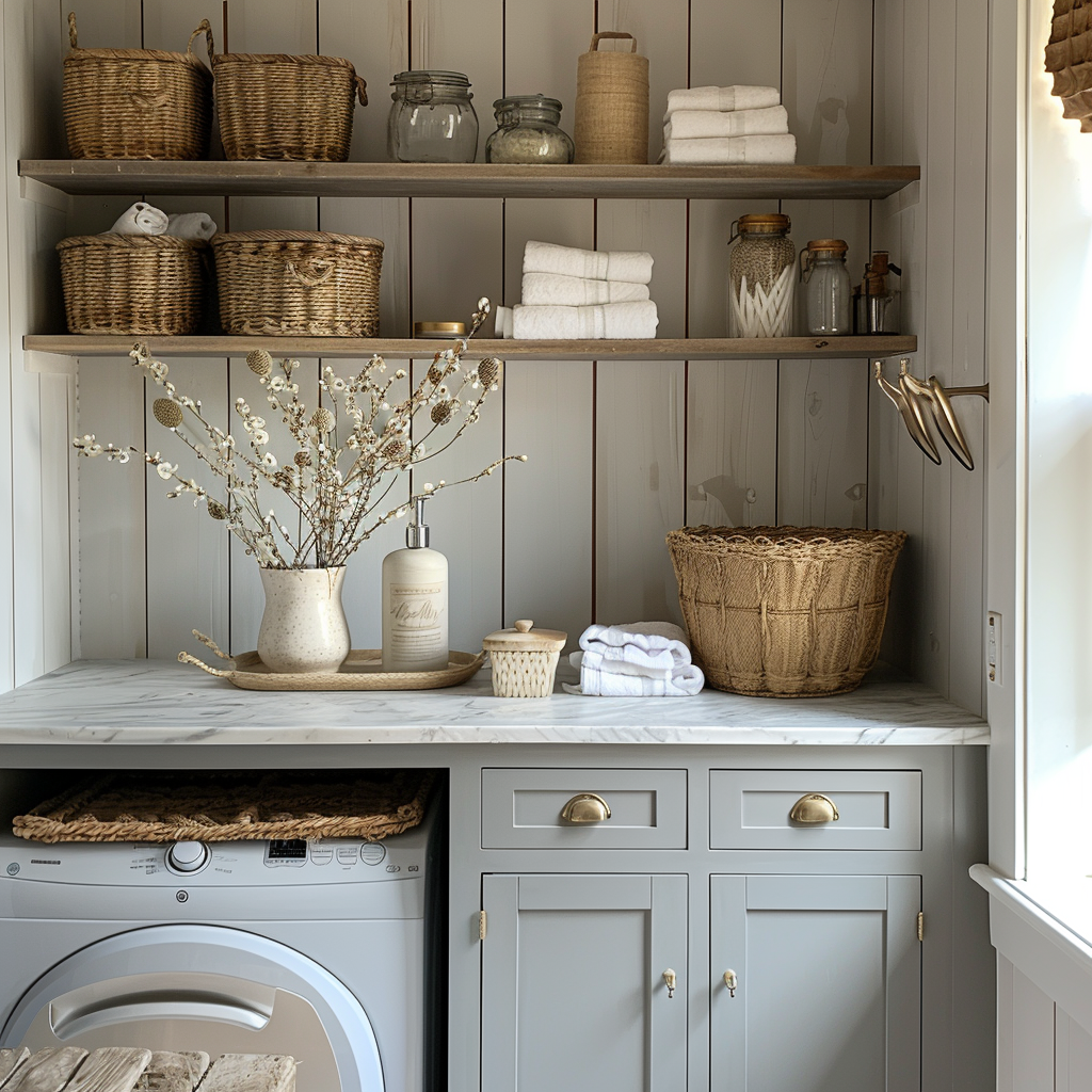 AI Generated Moody Laundry Room, Neutral Finishes